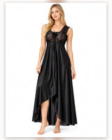 Ayrash black satin lace 1-piece nightwear front model view