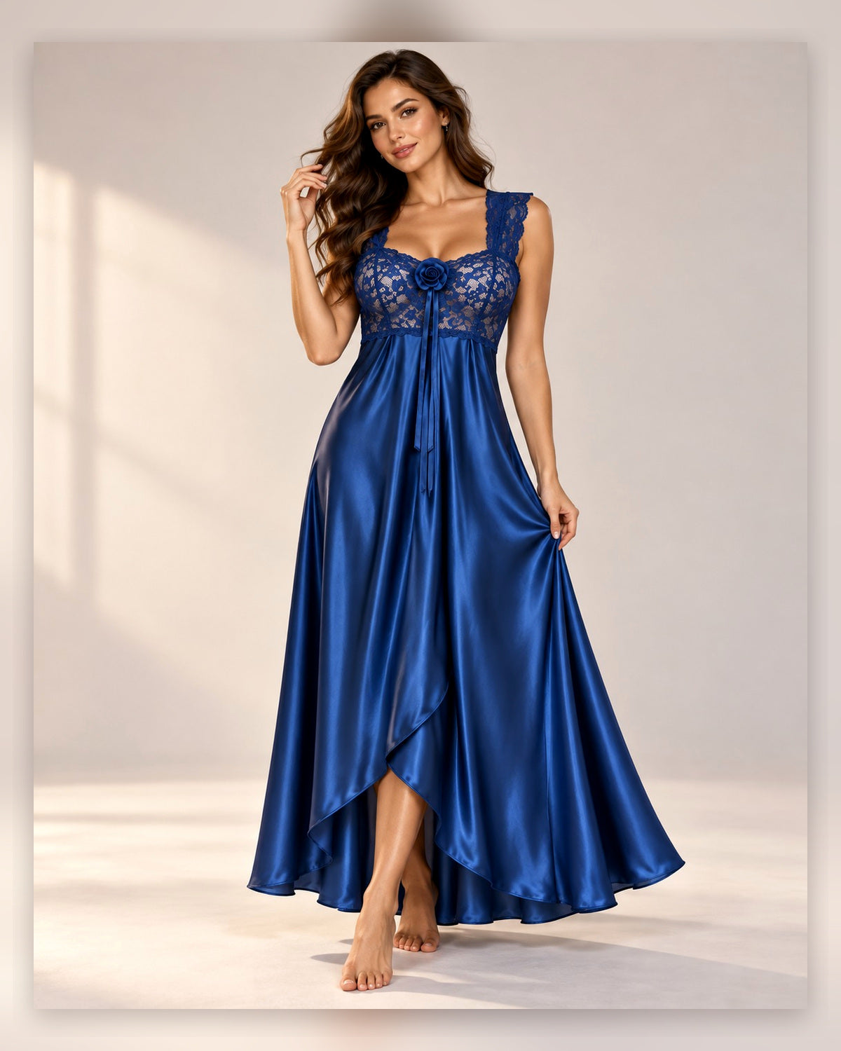 Ayrash royal blue satin lace 1-piece nightwear front model view