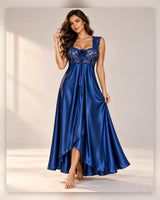 Ayrash royal blue satin lace 1-piece nightwear front model view