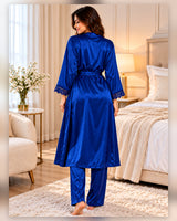 Ayrash royal blue satin 3-piece nightwear back model view
