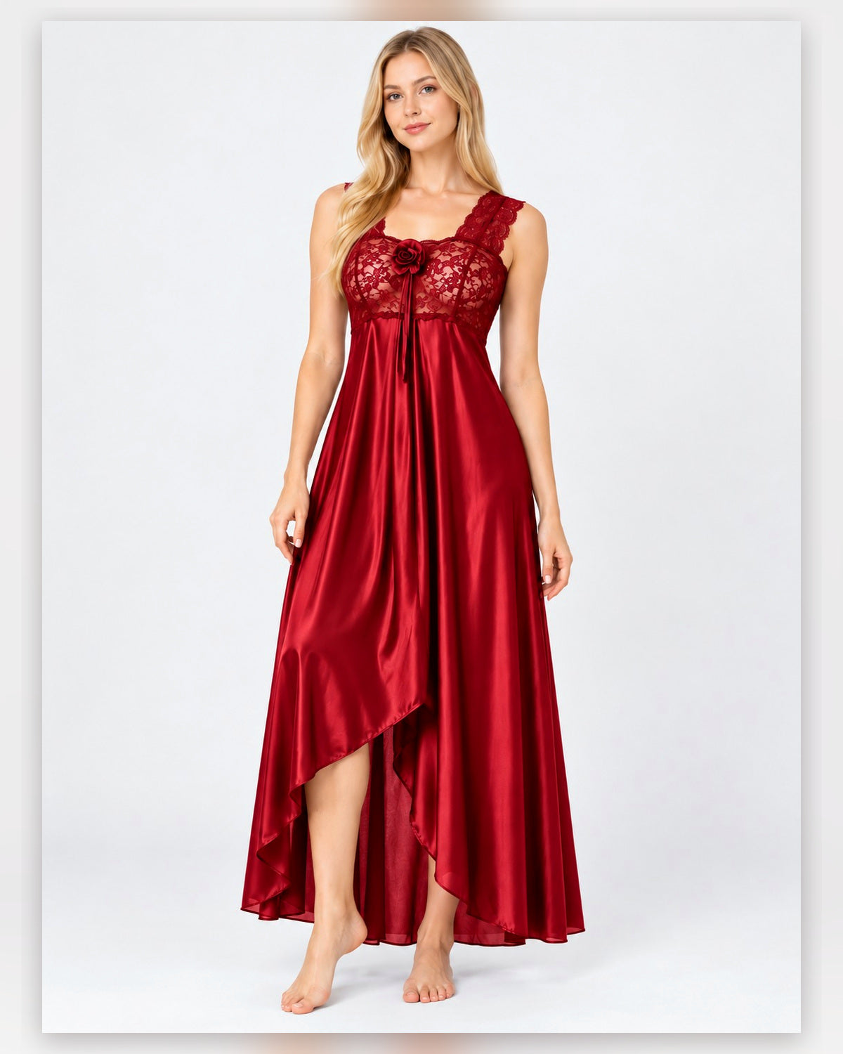 Ayrash red satin lace 1-piece nightwear model view
