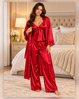 Ayrash red satin 3-piece nightwear front model view