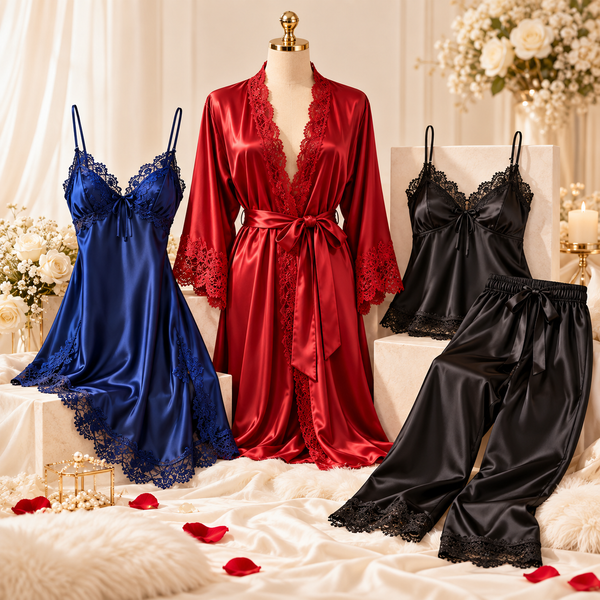 Ayrash Wedding Night Wear collection featuring red, blue and black satin nightwear